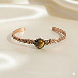 Kadın Bakır Bileklik - Kaplan Gözü Doğaltaşlı - Otantik Tasarım - Ayarlanabilir Yapı