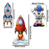 3'lü Karikatür Roket & Astronot Folyo Balon Seti