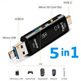 5'i 1 arada USB Tip C / USB / Mikro USB / TF / SD Hafıza Kartı Okuyucu OTG Adaptörü