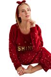 Nisanca Kışlık Polar Yılbaşı Kadın Pijama Takımı- Saç Bandı Hediyeli 