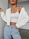 Kadın Beyaz Crop Kapşonlu Fermuarlı Polar Hırka Sweatshirt
