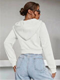 Kadın Beyaz Crop Kapşonlu Fermuarlı Polar Hırka Sweatshirt