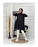 Doğal Kumaşlı Düğmeli Tunik- Koyu Mavi Siyah-295