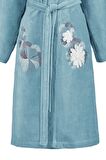 Kimono Bornoz Kadife Aqua %100 Pamuk Çift Nakışlı Dantelli