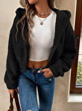 Kadın Siyah Peluş Crop Fitted Kapşonlu Zip Fermuarlı Polar Hırka Sweatshirt