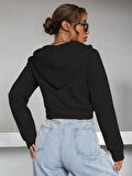 Kadın Siyah Fitted Crop Kapşonlu Zip Fermuarlı Polar Hırka Sweatshirt