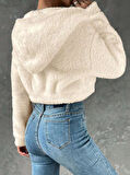 Kadın Kırık Beyaz Peluş Crop Fitted Kapşonlu Zip Fermuarlı Polar Hırka Sweatshirt