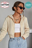 Kadın Krem Crop Fitted Kapşonlu Zip Fermuarlı Polar Hırka Sweatshirt