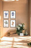 4 Parça (15x20) Uv Baskı Mdf Mavi Çiçek Boho Tablo Poster Seti - Set-459