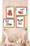 4 Parça (15x20) Uv Baskı Mdf Çocuk Odası Sevimli Hayvan Renkli Tablo Poster Seti - Set-391