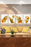 4 Parça (25x40) Büyük Boy Uv Baskı Mdf Gold Yapraklar Salon Tablo Poster Seti - Set-158
