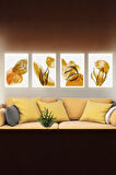 4 Parça (25x40) Büyük Boy Uv Baskı Mdf Gold Yapraklar Salon Tablo Poster Seti - Set-158