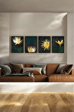 4 Parça (25x40) Büyük Boy Uv Baskı Mdf Gold Çiçekler Salon Tablo Poster Seti - Set-154