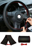 Hyundai Accent Era 2006-2011 Uyumlu Direksiyon Kılıfı Dikmeli Siyah Deri / Kırmızı Dikişli