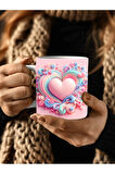 Kalp Baskılı 3D Tasarım Seramik Kupa Mug - Hediyelik Kupa Bardak