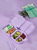 Kilit Kapaklı 2 Katlı 4 Bölmeli Kaşık ve Çatallı Lunch Box &  Beslenme Kutusu - Meow Kedi Temalı