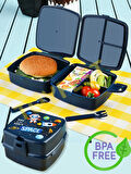 Kilit Kapaklı 2 Katlı 4 Bölmeli Kaşık ve Çatallı Lunch Box & Beslenme Kutusu - Space Uzay Temalı