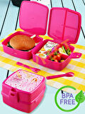 Kilit Kapaklı 2 Katlı 4 Bölmeli Kaşık ve Çatallı Lunch Box & Beslenme Kutusu - Prenses Temalı