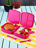 Kilit Kapaklı 2 Katlı 4 Bölmeli Kaşık ve Çatallı Lunch Box & Beslenme Kutusu - Prenses Temalı