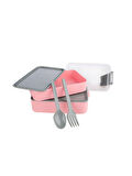 Dikdörtgen 2 Katlı Kaşık ve Çatallı Lunch Box Beslenme Çantası - Pembe & Gri Renk - 183x103x86 mm