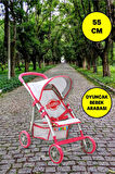 4 Tekerlekli Metal İskeletli Katlanabilir Gri - Pembe Çocuk Oyuncak Bebek Arabası Puset - 55 CM