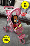 3 Tekerlekli Metal İskeletli Katlanabilir Çilek Desenli Çocuk Oyuncak Bebek Arabası Puset - 55 CM