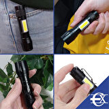 USB Şarjlı Zoomlu LED El Feneri Yan Çalışma Lambalı Su Geçirmez Mini El Feneri
