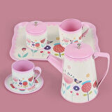 Çiçek Desenli Metal Çay Seti 12 Parça – Çocuklar İçin Renkli Oyun Çay Servis Takımı - Pembe
