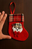 Küçük Kırmızı Yılbaşı Çorabı Ayıcık Süslemeli Dekoratif Şömine ve Ağaç Süsü Hediyelik