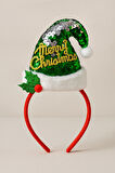 Parlak Yeşil Pullu Merry Christmas Yazılı Noel Şapkalı Kırmızı Taç Yeni Yıl Parti Aksesuarı
