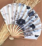 Berg - Lüks, Kaliteli  Hediyelik Siyah - Beyaz Çiçek Desenli Şık Japon Yelpaze