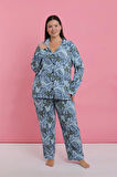 Moda Kadın Büyük Beden Mavi Tropikal Desenli Düğmeli Pijama Takımı