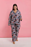 Moda Kadın Büyük Beden Somon Yaprak Desenli Düğmeli Pijama Takımı