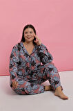 Moda Kadın Büyük Beden Somon Yaprak Desenli Düğmeli Pijama Takımı