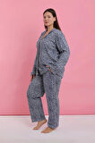 Moda Kadın Büyük Beden Mavi Leopar Desenli Düğmeli Pijama Takımı