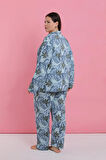 Moda Kadın Büyük Beden Mavi Tropikal Desenli Düğmeli Pijama Takımı