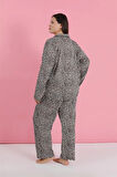 Moda Kadın Büyük Beden Leopar Desenli Düğmeli Pijama Takımı