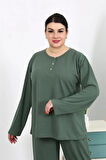 Moda Kadın Büyük Beden Uzun Kol Penye Pijama Takımı Haki