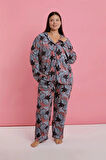 Moda Kadın Büyük Beden Somon Yaprak Desenli Düğmeli Pijama Takımı