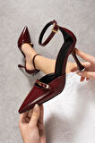 LOVEY Kadın Stiletto Bilekten Bağlama Bordo Gelin Abiye Ayakkabı