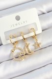 Pirinç Zirkon Taşlı Yıldız Ve Ay Model Gold Renk 3'lü Çift Kadın Küpe Set - TJ-BKP10819