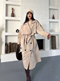 Kadın Krem Uzun Trençkot Cepli Kuşaklı Rüzgar Kapaklı Yeni Sezon Dış Giyim