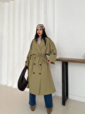 Kadın Haki Uzun Trençkot Cepli Kuşaklı Rüzgar Kapaklı Yeni Sezon Dış Giyim