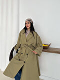 Kadın Haki Uzun Trençkot Cepli Kuşaklı Rüzgar Kapaklı Yeni Sezon Dış Giyim
