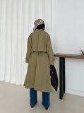 Kadın Haki Uzun Trençkot Cepli Kuşaklı Rüzgar Kapaklı Yeni Sezon Dış Giyim