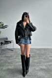 Yeni Sezon Oversize Kadın Siyah Biker Deri Ceket
