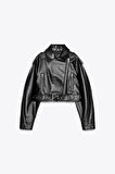Kemerli Suni Deri Crop Biker Ceket