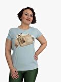 Truva Xxl Büyük Beden Kadın Giyim Baskılı Tshirt Açık Mavi Bz010