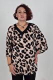 Truva Xxl Büyük Beden V Yaka Bluz Leopar B035