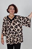 Truva Xxl Büyük Beden V Yaka Bluz Leopar B035